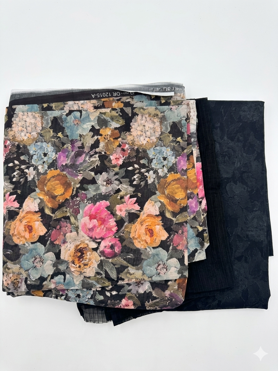 Black Floral Print Cotton Suit
