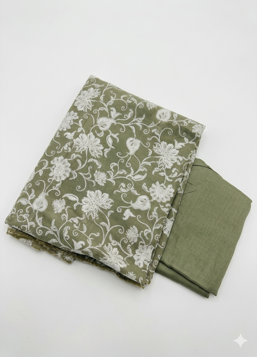 Olive Green Printed Cotton Suit