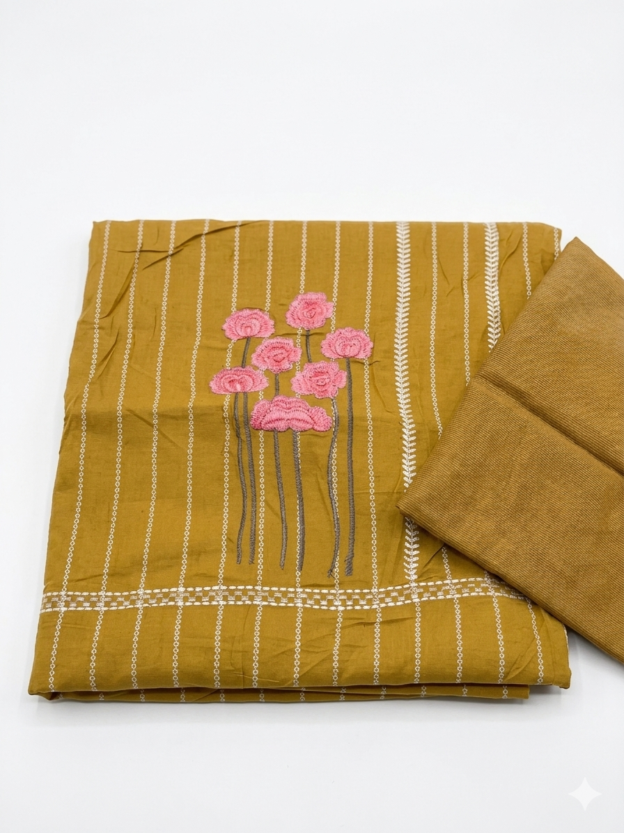 Mustard Stripe Embroidered Cotton Suit