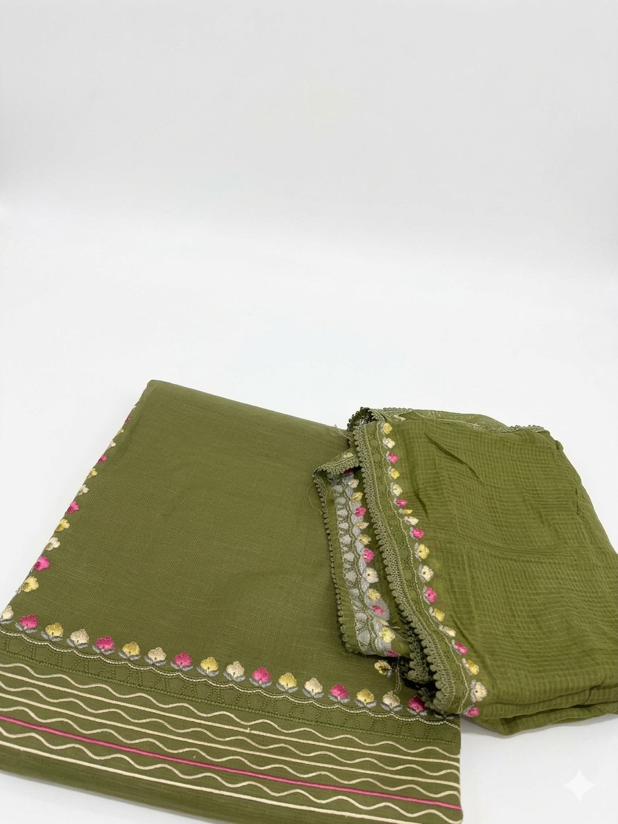 Mehndi Green Embrioded Cotton Suit