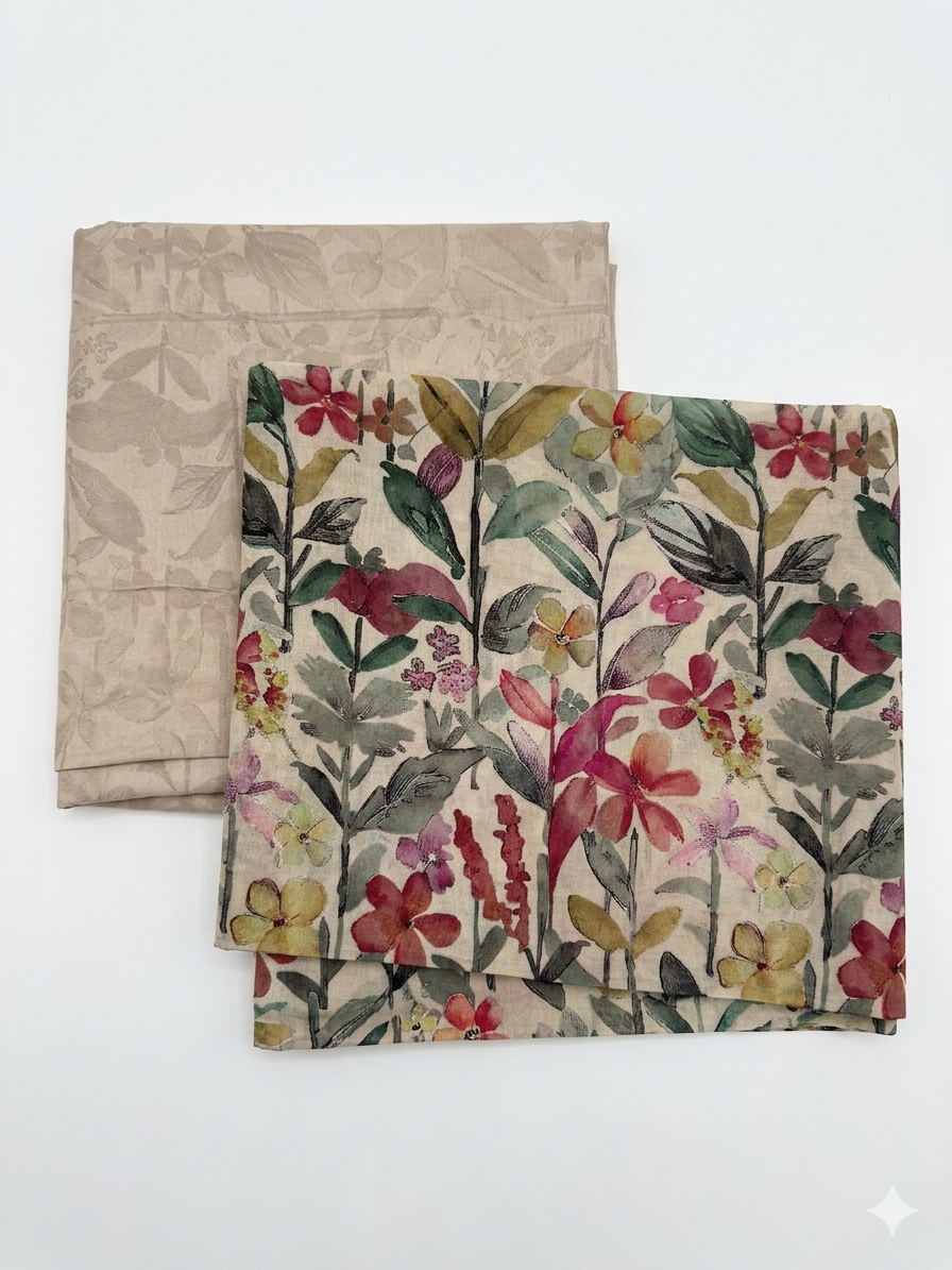 Beige Floral Print Cotton Suit