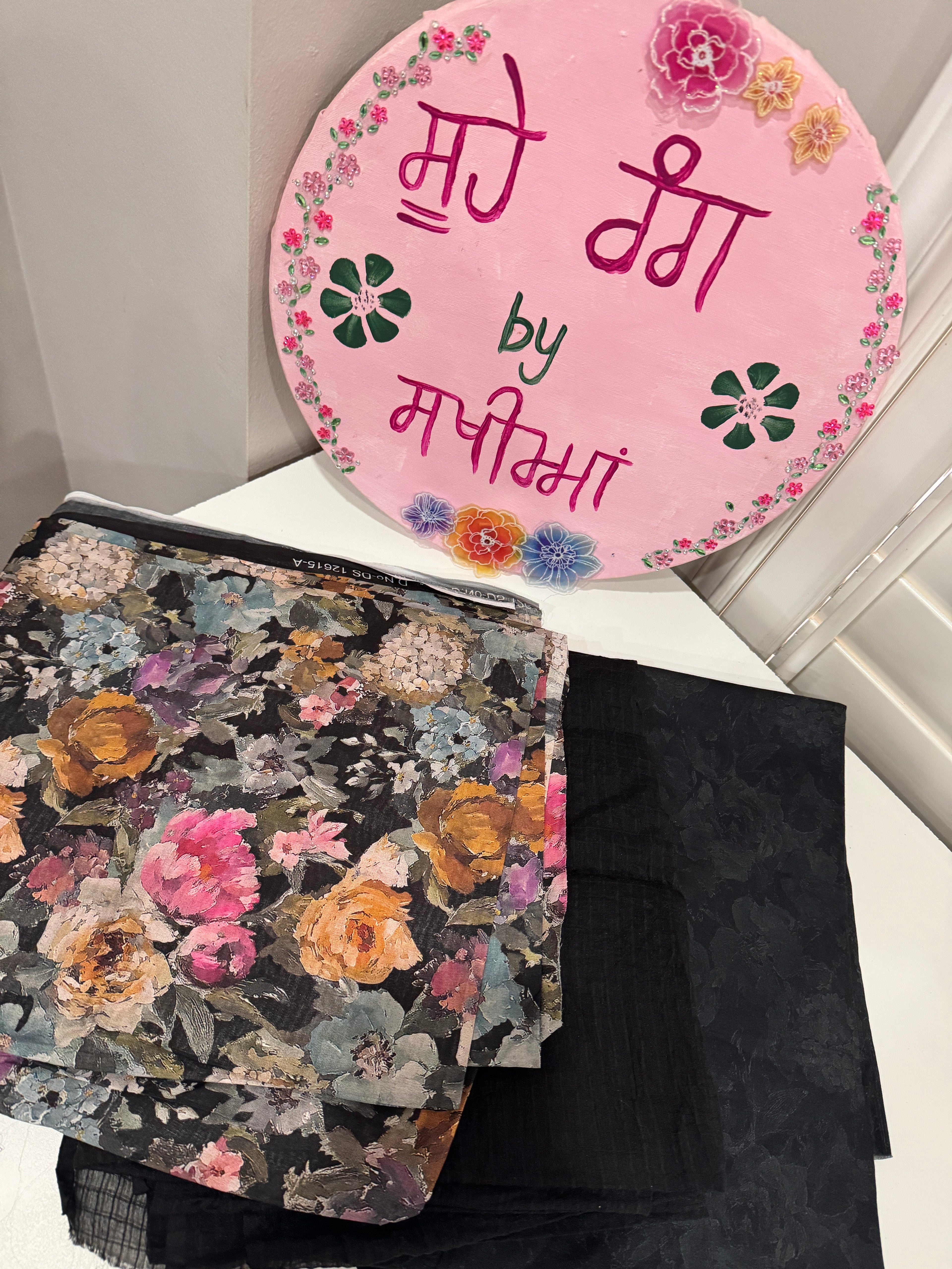 Black Floral Print Cotton Suit